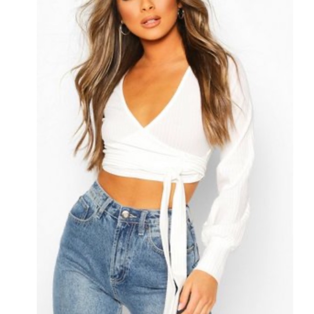 Boohoo White Ribbed Wrap Crop Top